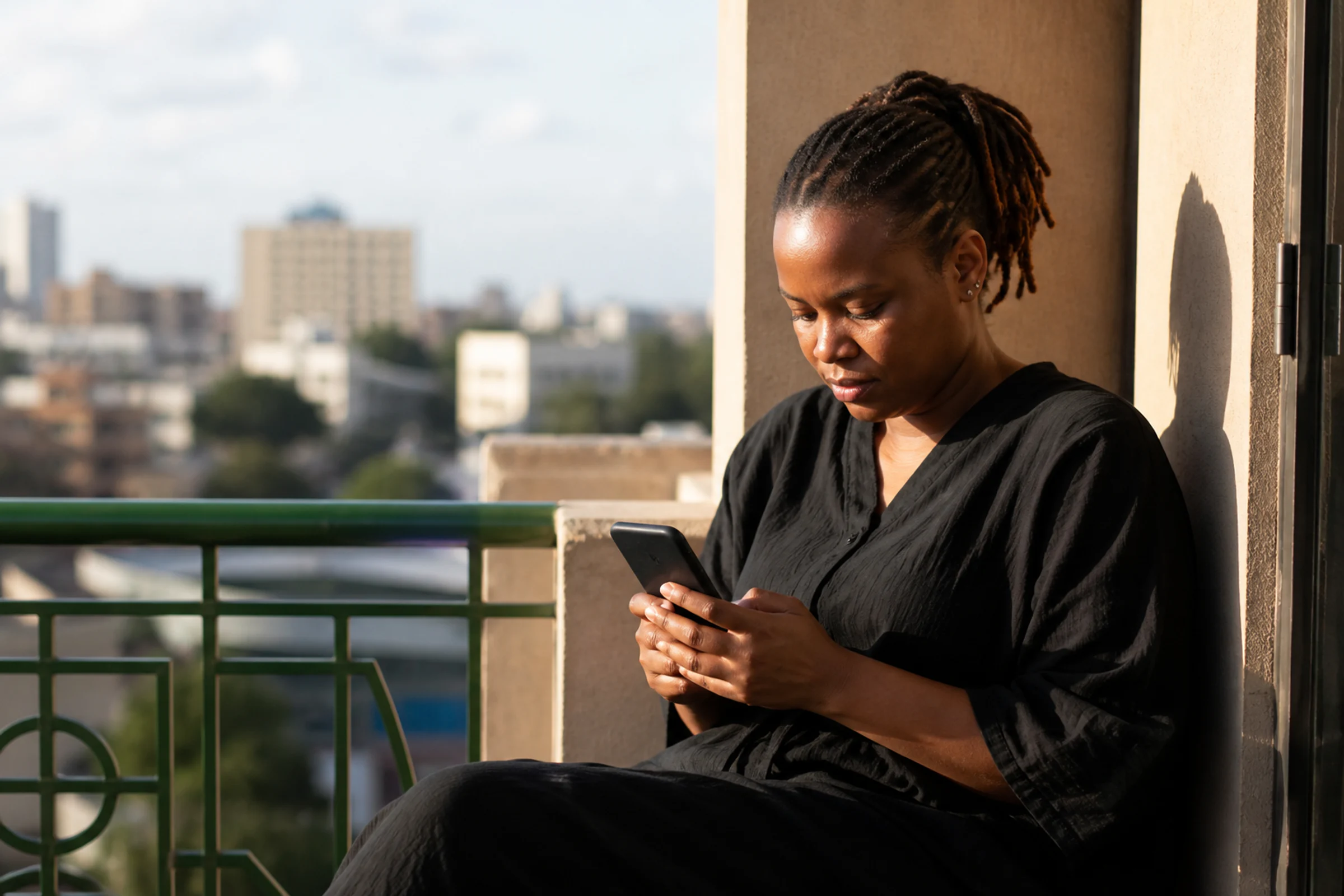 A person privately reviews information on a phone from a balcony
