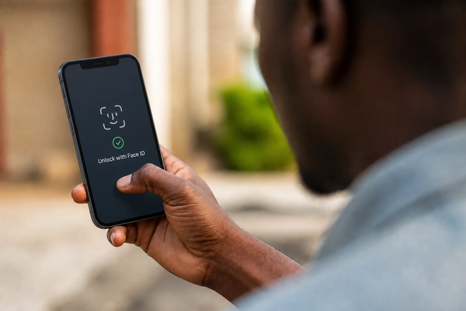 A person unlocks an iPhone with Face ID